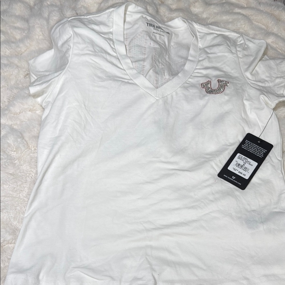 True Religion White V-Neck Tee with Logo